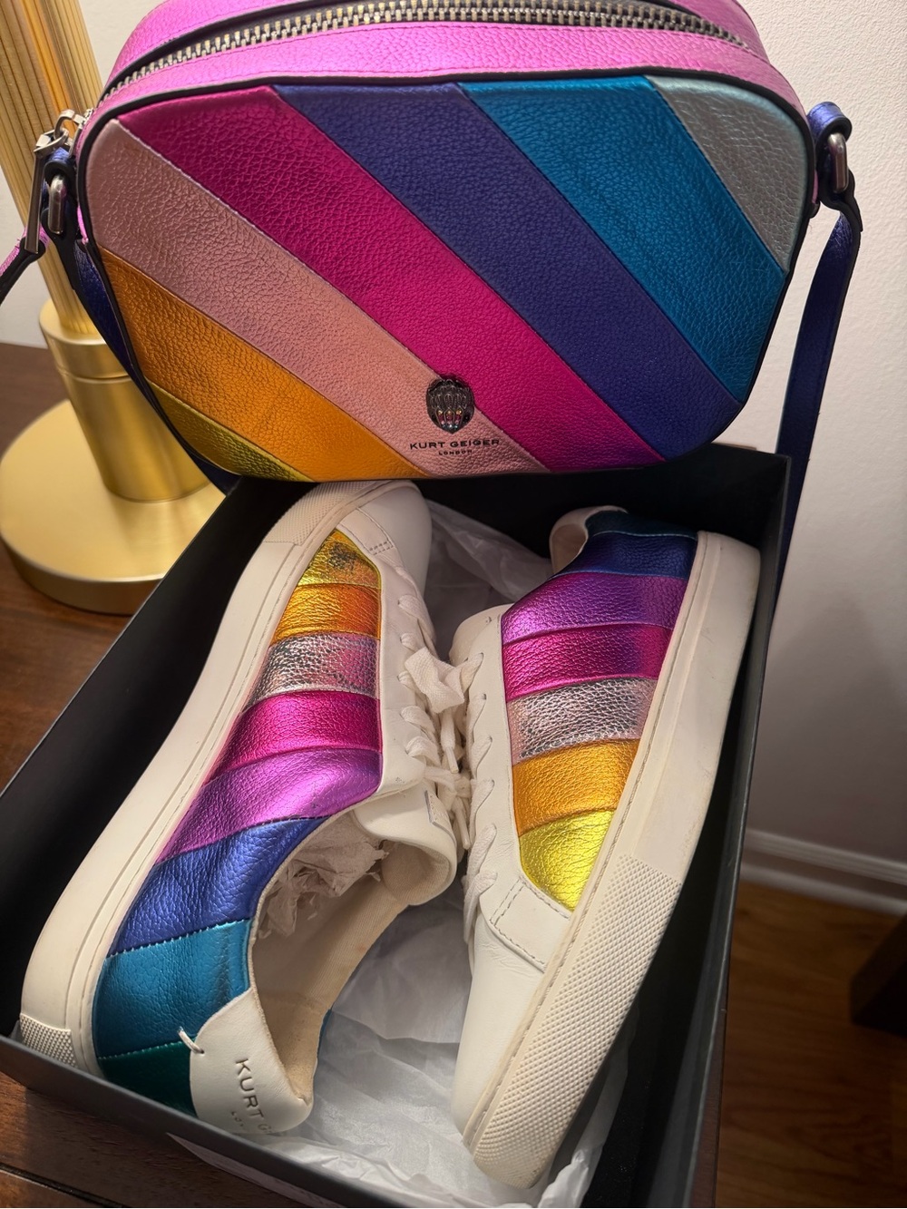 Kurt Geiger Lane Metallic Rainbow Stripe Lace Up Sneakers - Picture 2 of 7